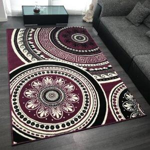 Design Velours Kurzflor Teppich 'Cycle' Ornament Muster Lila/Schwarz